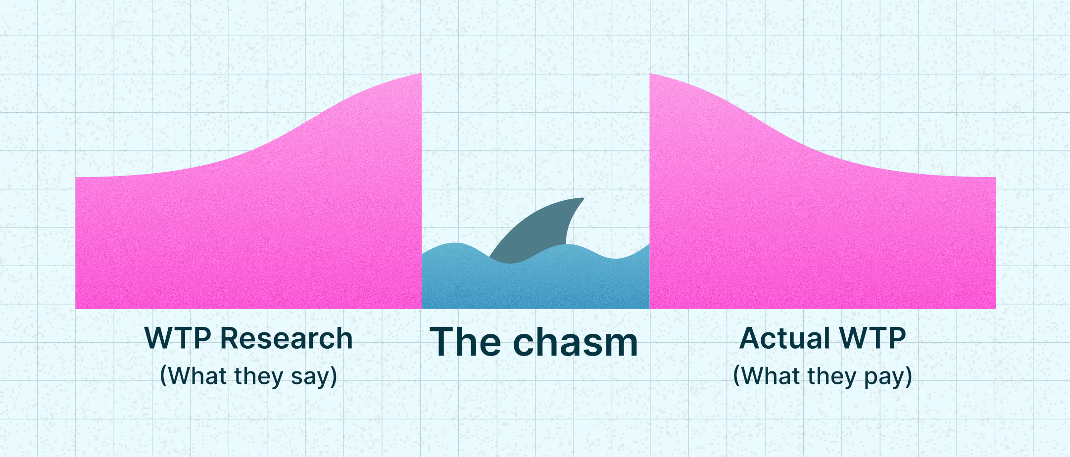 WTP research on one side, actual WTP on the other, with a chasm between what buyers say and what they pay