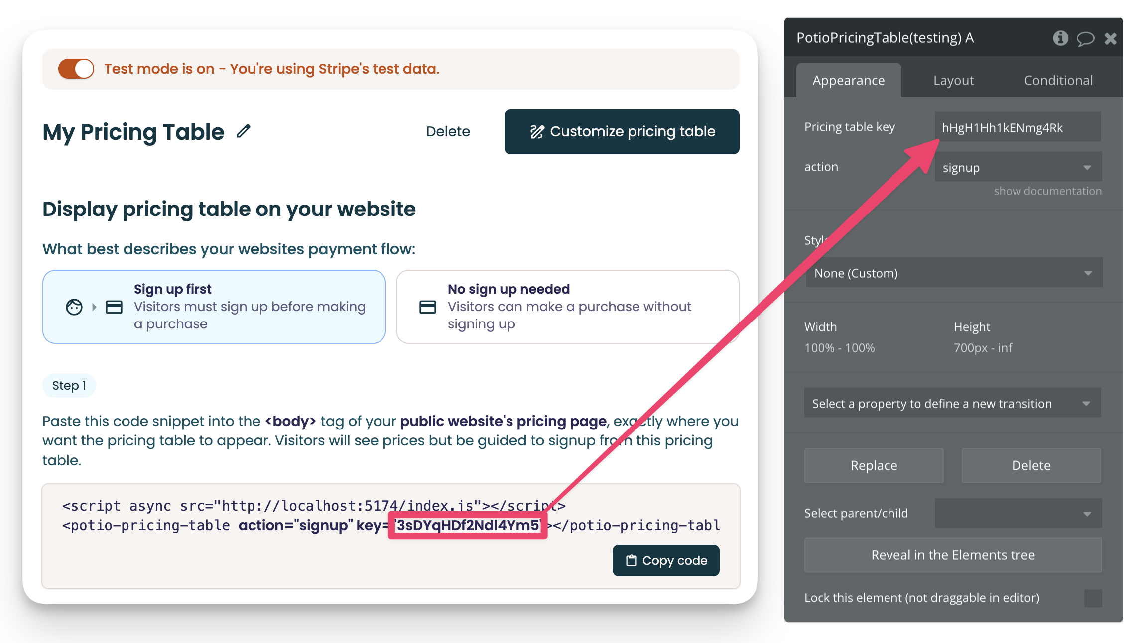 Bubble Pricing Table Key Screenshot